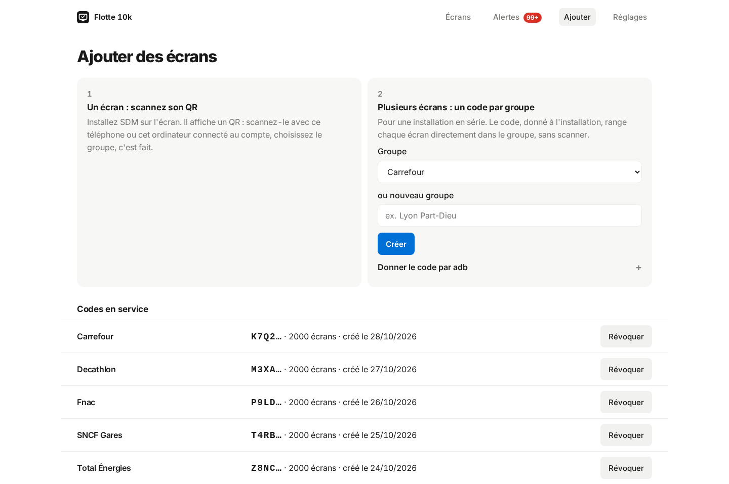 Page « Ajouter des écrans »