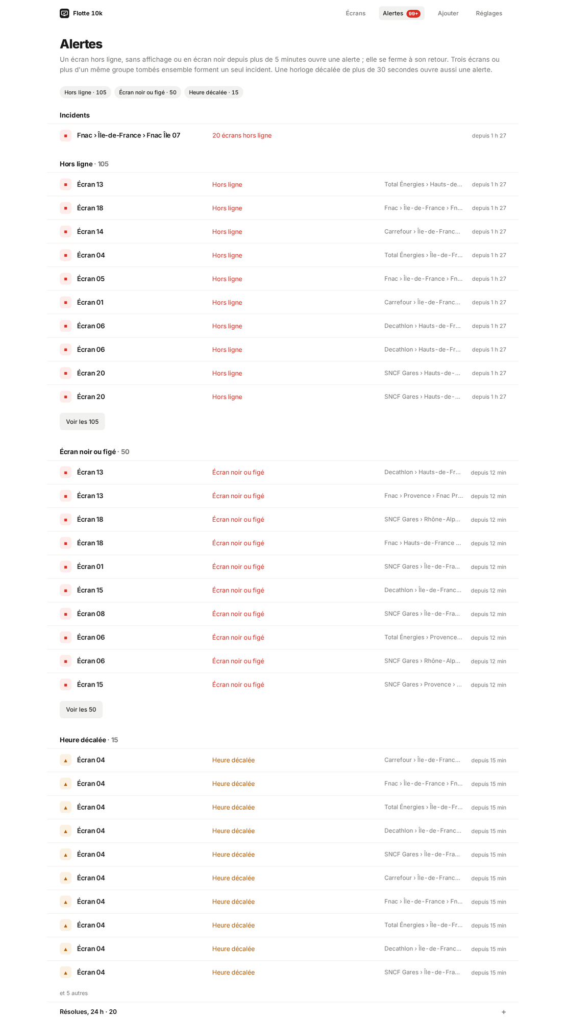 Page Alertes : compteur, pastilles par type, incidents, puis une section par type d'alerte