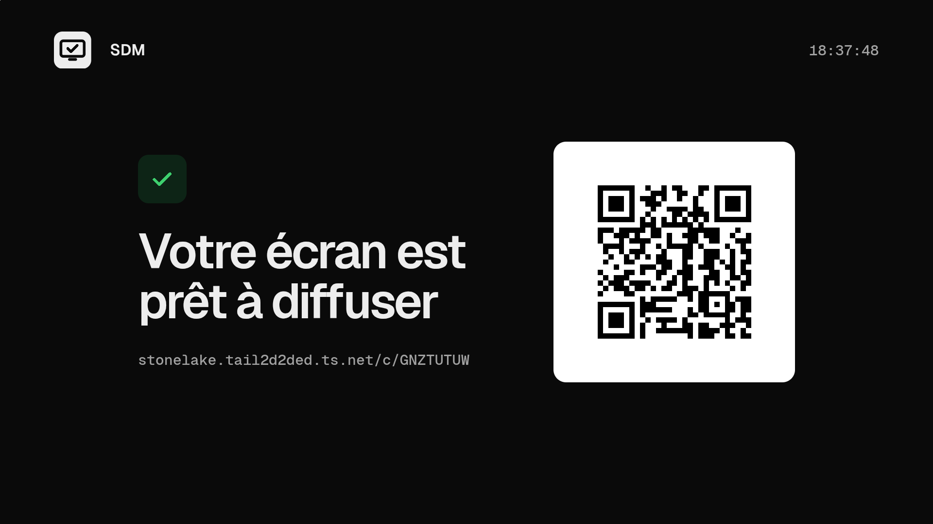 Écran au repos, prêt à diffuser, avec son QR
